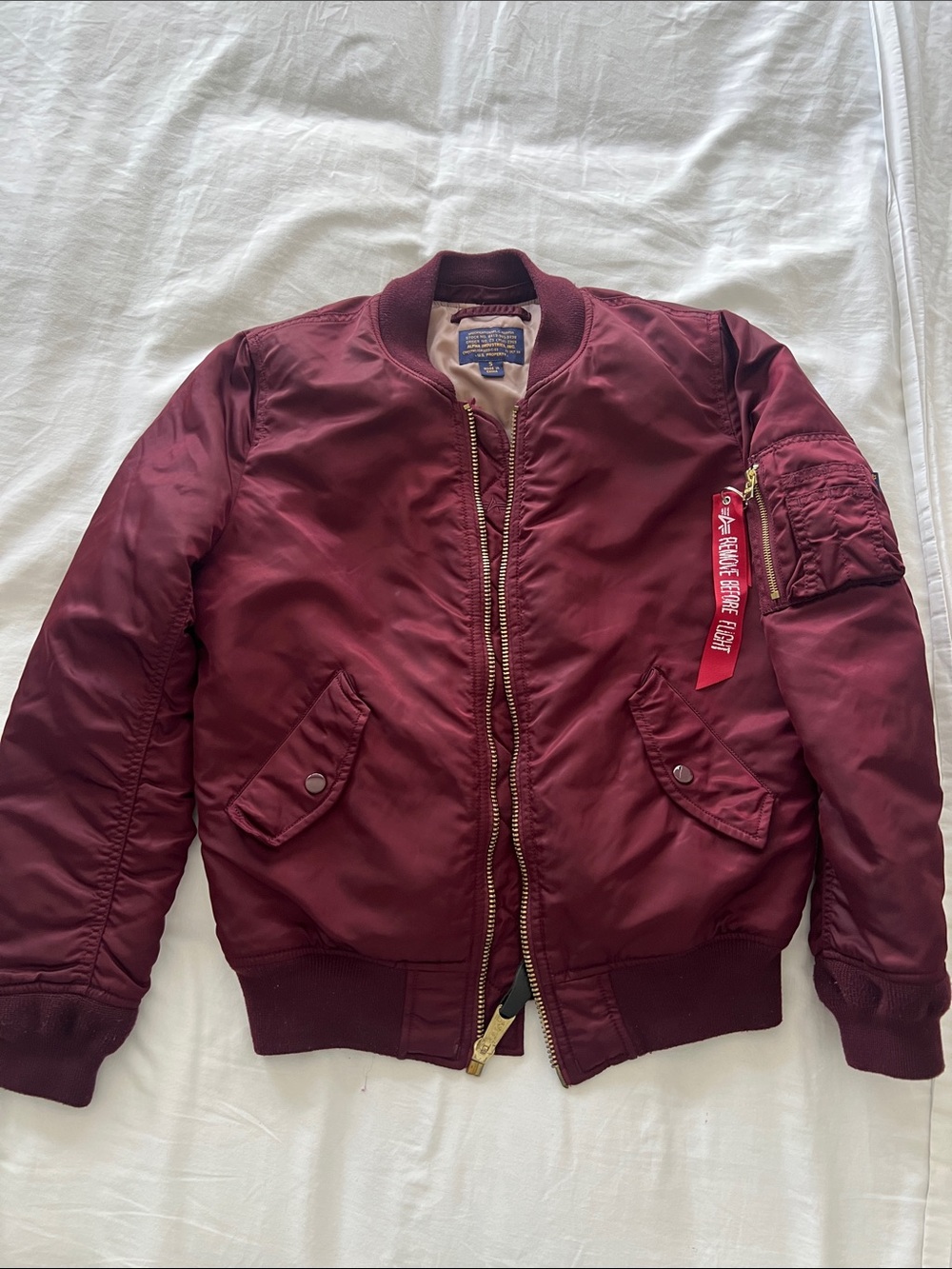Alpha Industries Maroon Bomber Jacket with Red Pull Tag